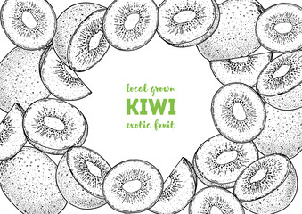 Kiwi fruit hand drawn frame. Sketch style. Vector illustration. Design, package, brochure illustration. Hand drawn kiwi fruits design template. Organic fresh food vector illustration.