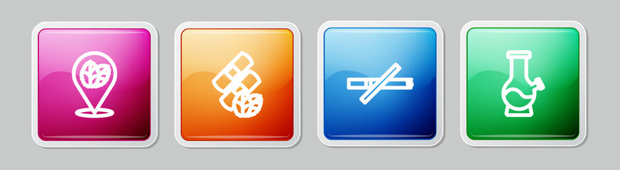 Set line Tobacco leaf, Medical nicotine patches, No smoking and Bong. Colorful square button. Vector