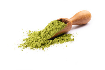 Henna, wheat grass or matcha powder on white background