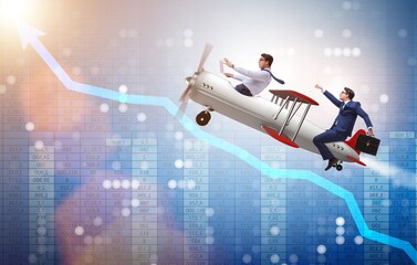 Businessman flying on vintage old airplane