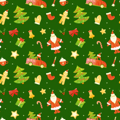 Seamless Christmas pattern with tree, santa, vintage car, gingerbread cookie, cup, bell, lollipop, gift, holly and golden snowflakes for banner, wrapping paper, greeting cards, textile. Happy New Year