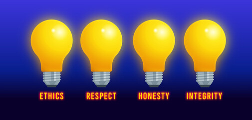 Light Bulbs Concept Shining ETHICS, RESPECT, HONESTY and INTEGRITY
