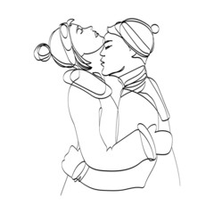 Couple of young happy people woman and man hugging, hand drawn sketch isolated on white background.Vector outline illustration of lovers in warm clothes and hats, kissing