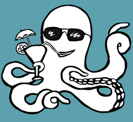 A smiling octopus in sunglasses with a cocktail in its tentacles
