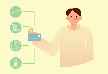 young smiling flat male character holding a credit card with diagram of available banking services. Student loans, deposit programs. Minimalist simple modern illustration