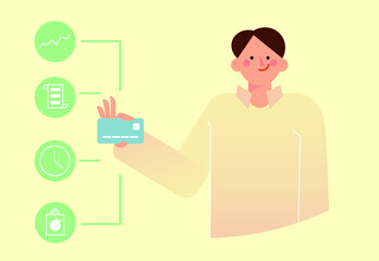 Vector illustration of a simple graphic illustration of a person holding a blue credit card, with various financial and shopping icons like a stock chart and a clock floating nearb