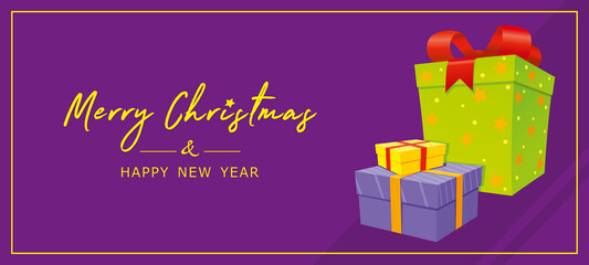 Merry Christmas and Happy New Year Promotion Poster or banner with gift boxes. For Retail, Shopping or Christmas Promotion