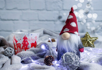 cute gnome on a plate christmas background