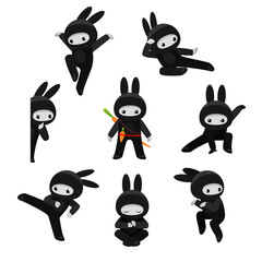 Set of cute bunny ninjas in various poses