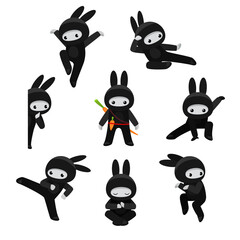 Set of cute bunny ninjas in various poses © Elokua