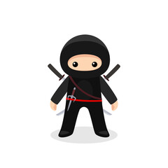 Standing cute ninja isolated with sai and katana on white background
