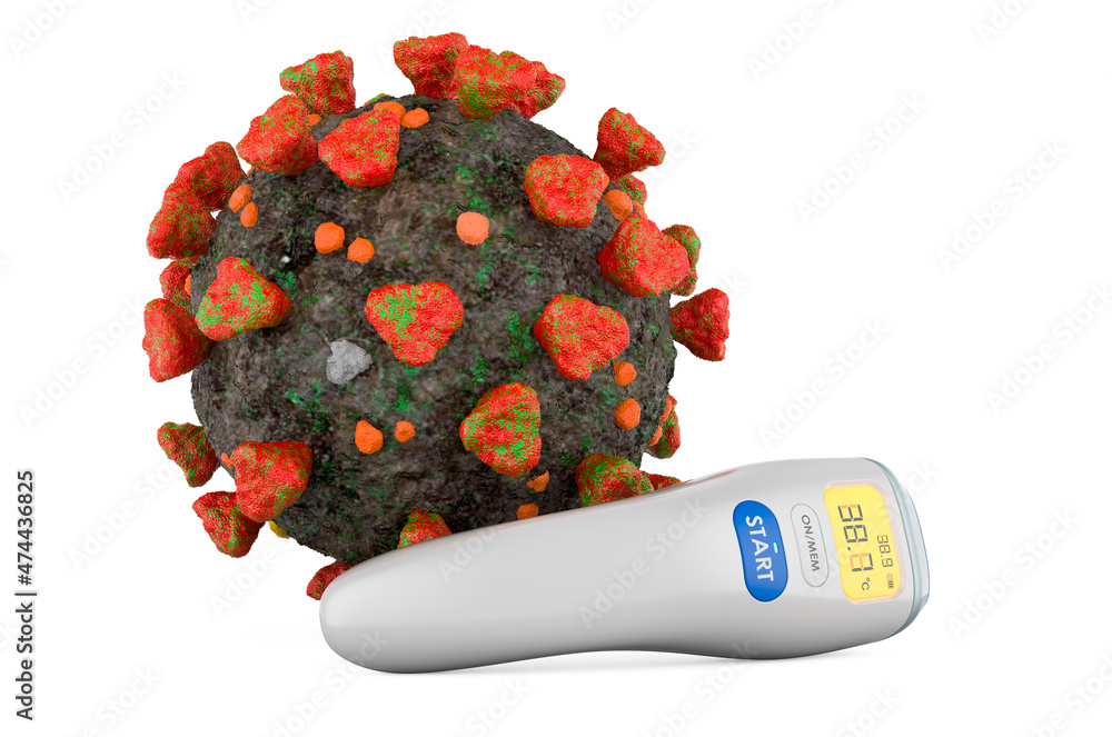 Poster virus with infrared electronic thermometer. 3d rendering