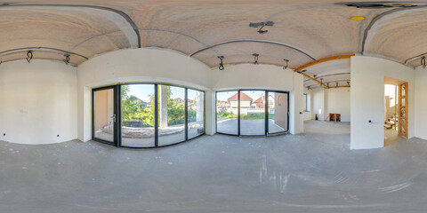 empty white room without repair and furniture with panoramic windows as full spherical hdri...