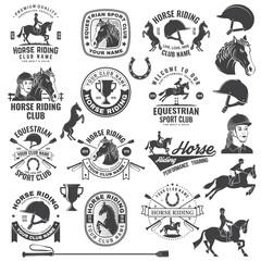 Set of Horse riding sport club badges, patches, emblem, logo. Vector illustration. Vintage monochrome equestrian label with rider, helmet and horse silhouettes. Horseback riding sport. Concept for