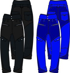 Vector flat sketch 2 tone color trousers design with cargo pockets for girls.