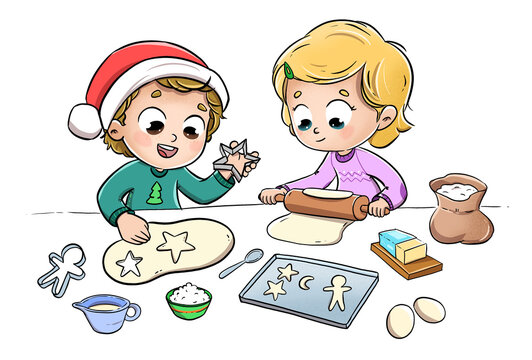 Children cooking cookies at christmas
