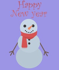 card with a cheerful snowman in a red scarf with the inscription Happy New Year on a blue background