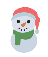 cheerful smiling snowman in red hat and green scarf