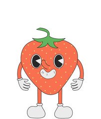 cheerful strawberry with legs and hands in white gloves laughs in retro style