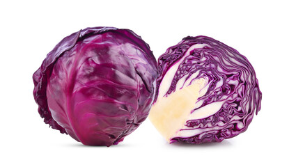Whole and half red cabbage isolated on white background