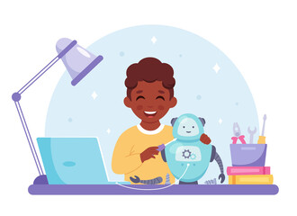 Little black boy creating a robot. Robotics, programming and engineering for kids. Vector illustration