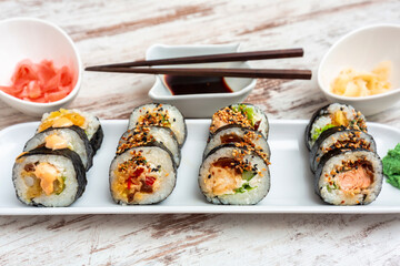 Sushi set with soy sauce and pickled ginger