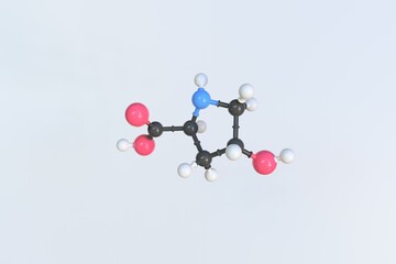 Hydroxyproline molecule, scientific molecular model, looping 3d animation