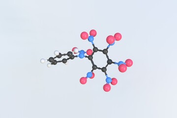Hexanitrodiphenylamine molecule, scientific molecular model, looping 3d animation