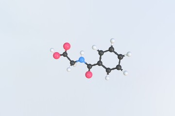 Hippuric acid molecule made with balls, isolated molecular model. 3D rendering
