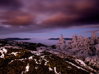 Scenic landscape with spruce trees and rock covered with rime, view from a mounatin range to the...