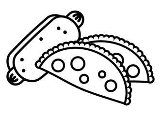 Set of modern abstract drawings of fast food from black lines on a white background. Hot dog, cheburek, tacos. Fashion vector illustration