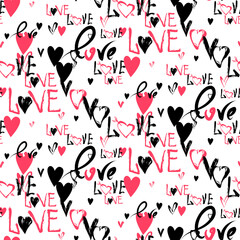 Grunge vector seamless pattern with hand painted hearts and words love. Hand drawn illustration for valentines day wrapping paper or wedding invitation card background in pink, black and white colors - obrazy, fototapety, plakaty