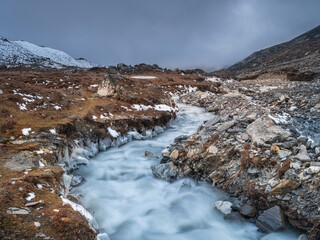 view to silver mountain river in long exposure and blurred flow in Nepal