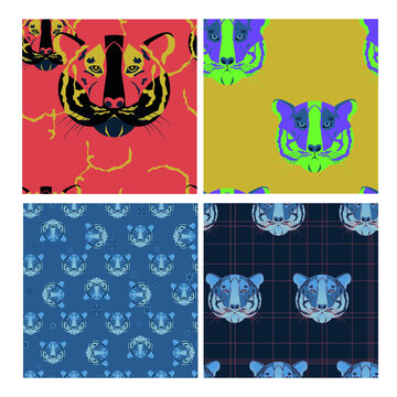 Four Vector Patterns Depicting A Tiger Mask. Suitable For Packaging, Textiles, Notebooks, Wallpaper, Interior Decoration.