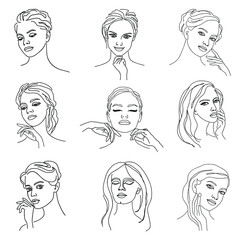 Collection. Silhouettes of a girl's head in a modern one line style. Continuous line drawing, aesthetic outline for home decor, posters, wall art, stickers, logo. Vector illustration set.