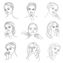 Collection. Silhouettes of a girl's head in a modern one line style. Continuous line drawing, aesthetic outline for home decor, posters, wall art, stickers, logo. Vector illustration set.