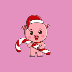 Cute pig wearing christmas hat and scarf hugging candy