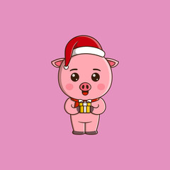 Cute pig wearing christmas hat and scarf holding gift box