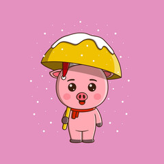 Cute pig wearing christmas hat and scarf holding umbrella