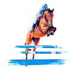 Naklejka na ściany i meble Jockey on horse. Horse Jumping. Equestrian Events. Show Jumping Competition. Watercolor painting illustration isolated on white background