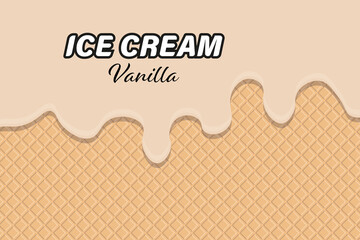 Melting vanilla ice cream with waffle background.
