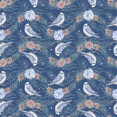 Watercolor winter birds and pinebranches background. Christmas cones. Forest bird seamless pattern