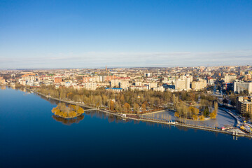 The embankment to the lake in the center of Ternopil aerial view