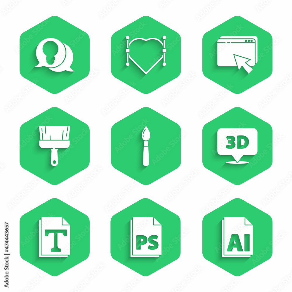 Poster set paint brush, ps file document, ai file, speech bubble with text 3d, text, web design and develop