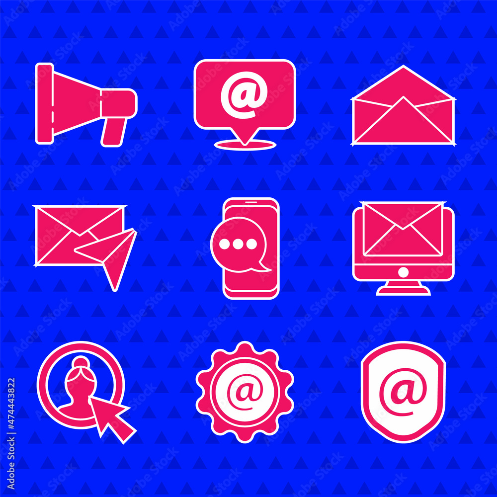 Poster set chat messages notification on phone, mail and e-mail, shield with, monitor envelope, create acco