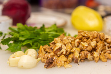 Peeled walnuts are on the table