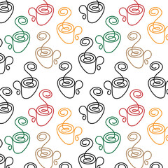 Abstract Seamless pattern of multicolored cups in a minimalistic line art style. Repeating texture for design of wrapping paper, napkins, menus, fabrics. Vector graphics.