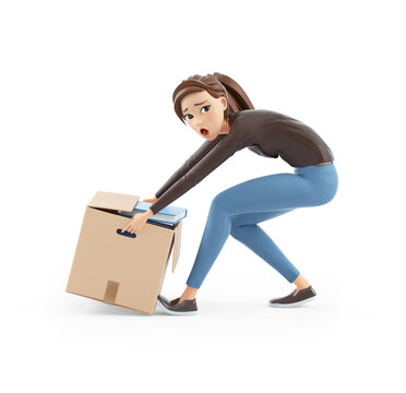 3d cartoon woman lifting heavy box