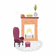 Vector flat, simple interior design illustration. A vintage armchair, footstool, brick fireplace with burning fire, vase with flowers, cookies, carpet are depicted. Concept comfort, home decoration.