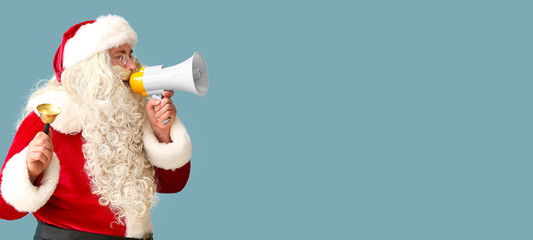 Santa Claus with Christmas bell and megaphone on blue background with space for text